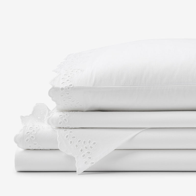 Eyelet Classic Cool Cotton Percale Solid Bed Sheet Set - White, King