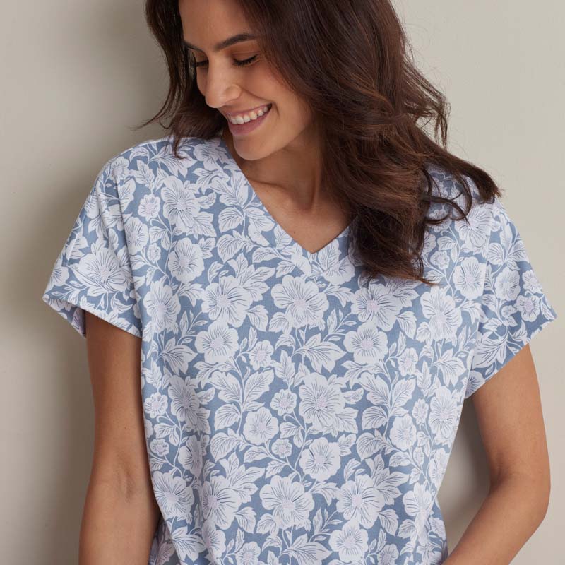 Printed Pima Cotton Women's Jogger Pants Pajama Set - Blue Garden, XL