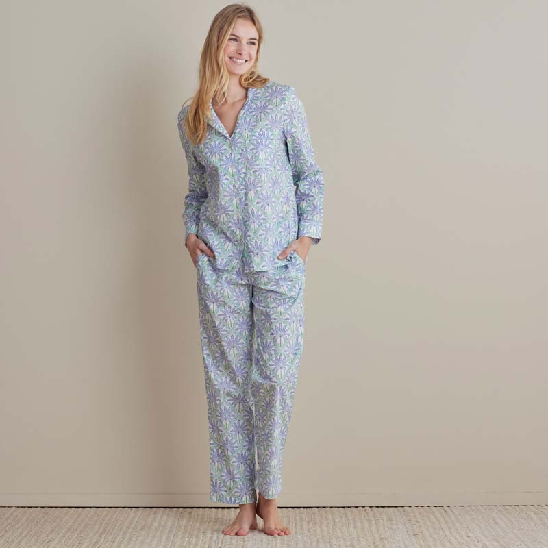 Printed Poplin Women's Button-Down Pajama Set - Blue Palm, XS