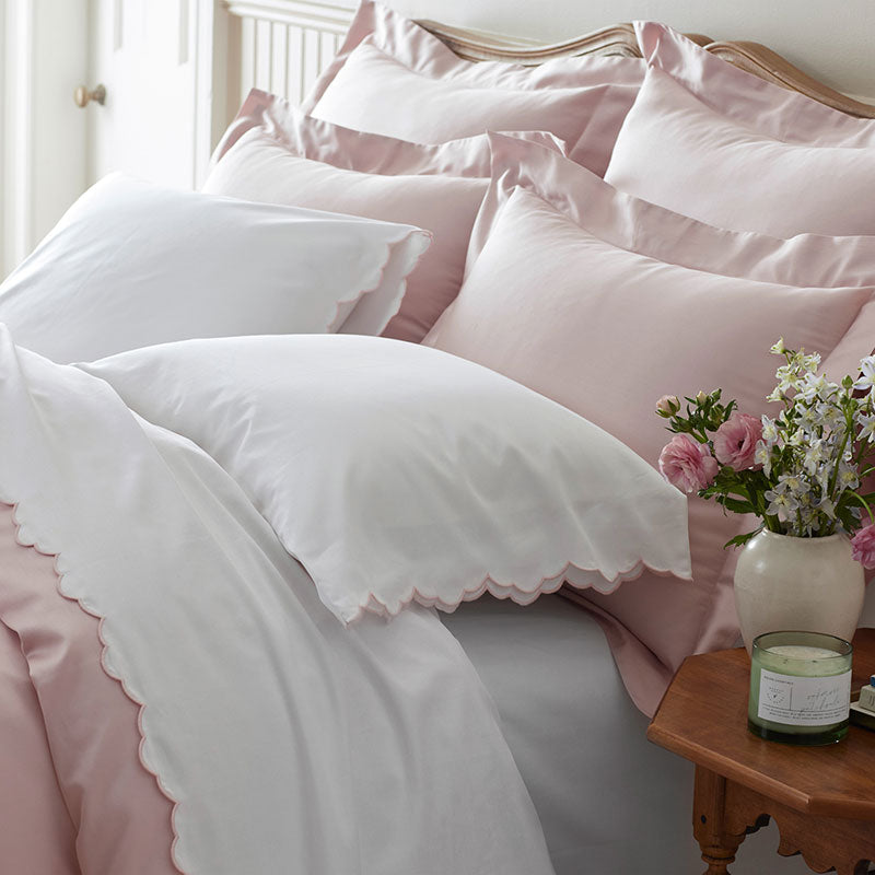 Embroidered Scallop Classic Smooth Sateen Solid Bed Sheet Set - Blush, Full