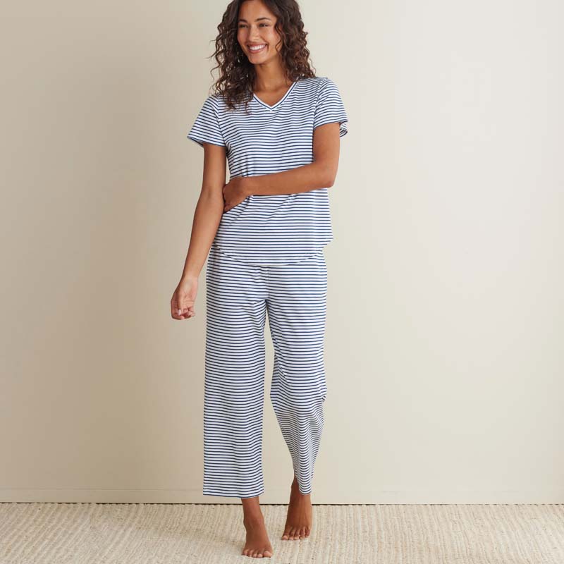 Yarn-Dyed Stripe Pima Cotton Women's Cropped Pajama Set - Navy/White, XL