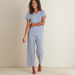 Yarn-Dyed Stripe Pima Cotton Women's Cropped Pajama Set - Navy/White, XL