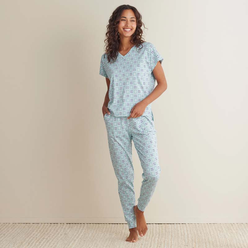 Printed Peruvian Cotton Women's Jogger Pants Pajama Set - Cool Daisy, XS