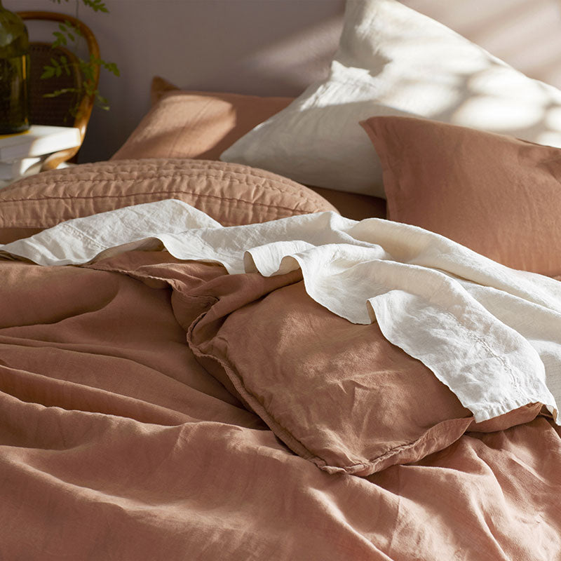 Premium Breathable Washed Linen Solid Bed Sheet Set - Terracotta, Queen