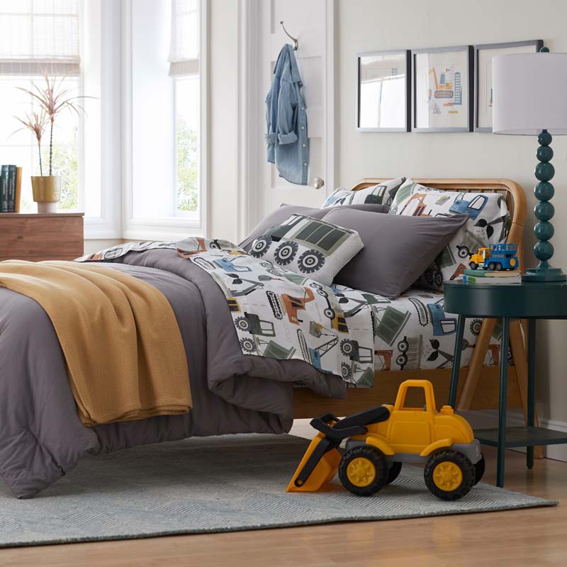 Construction Builders Classic Cool Organic Cotton Percale Duvet Cover Set - White Multi, Full