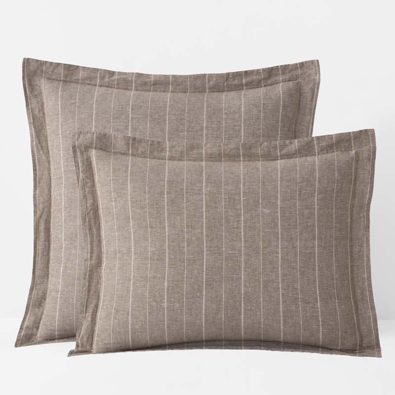 Tailored Stripes Premium Breathable Washed Linen Cotton Reversible Sham - Wide Stripe Dark Brown, Euro