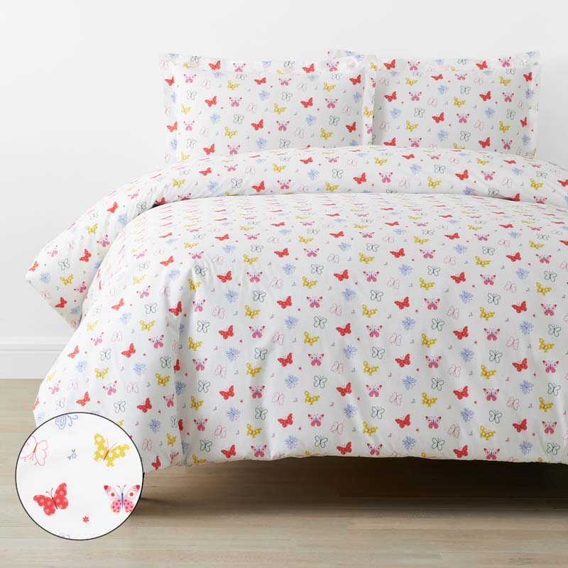 Ditsy Butterflies Classic Cool Organic Cotton Percale Duvet Cover Set - White Multi, Twin/Twin XL