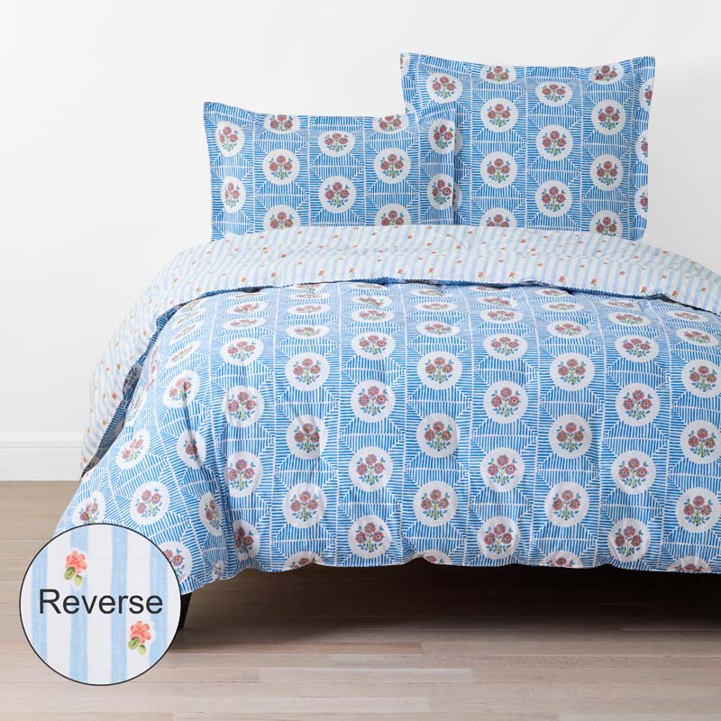 Blossoms and Stripes Classic Cool Cotton Percale Reversible Comforter - Blossom Veil, Twin/Twin XL