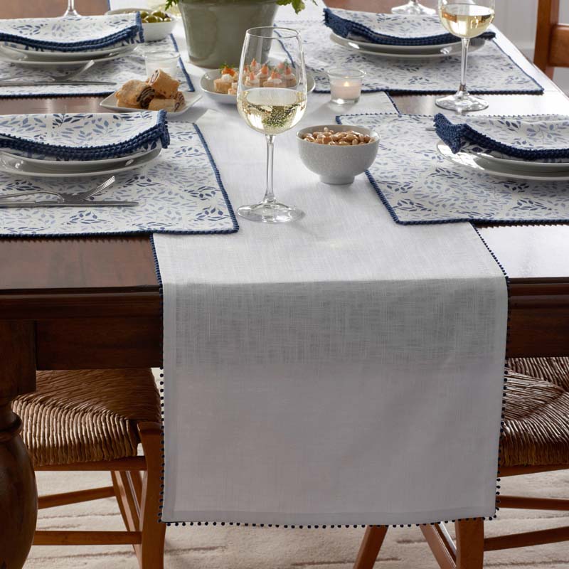 Pom Fringe Table Runner - Blue, 16 in. x 90 in.