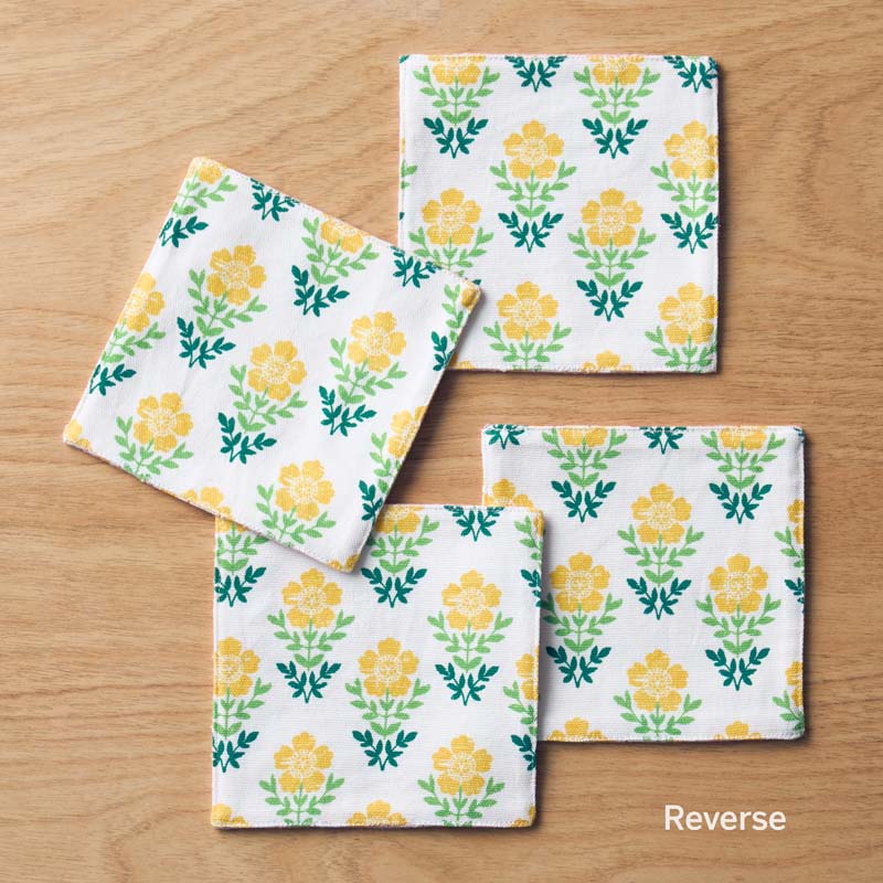 Floral Plaid Reversible Cocktail Napkins, Set of 4 - Yellow