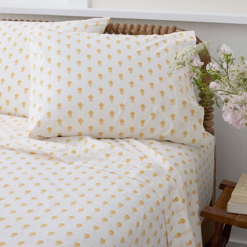 Mini-Prints Garment Washed Cotton Percale Bed Sheet Set - Flowers Yellow, Queen