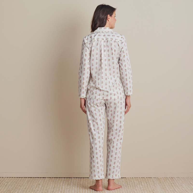 Printed Poplin Women's Long Sleeve Button-Down Pajama Set - Cottage Stripe, L