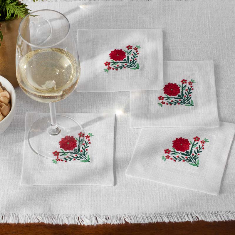 Embroidered Novelty Cocktail Napkins, Set of 4 - Poinsettia