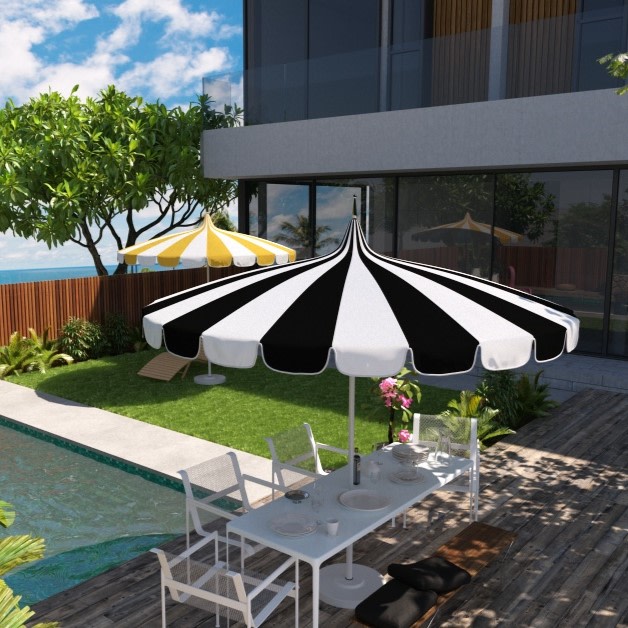 Round Two-Tone Pagoda Outdoor Patio Umbrella, Fiberglass with Push Lift - Forest Green, 8.5'