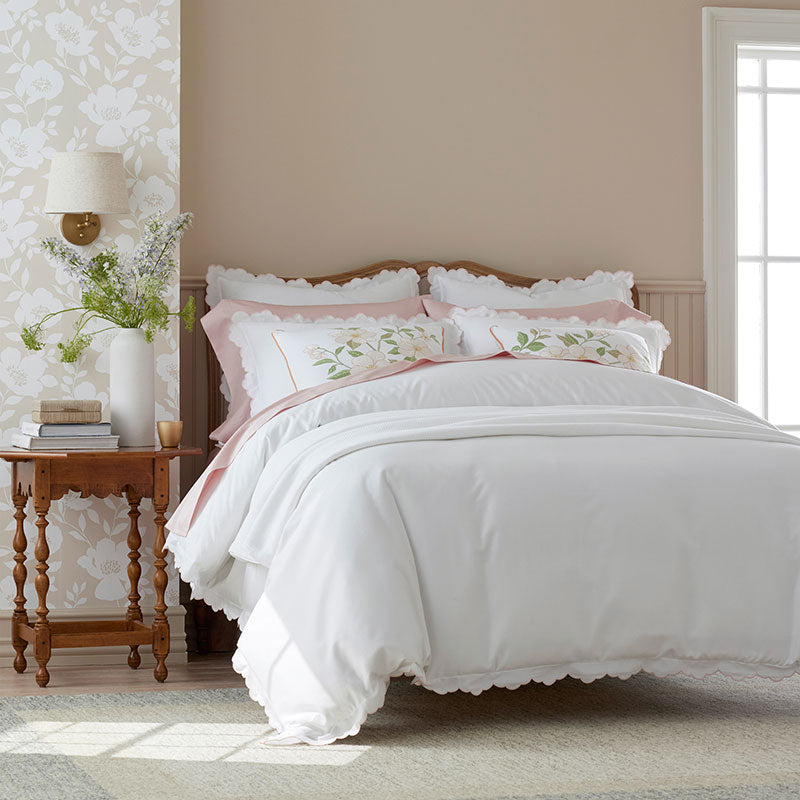 Embroidered Scallop Classic Smooth Sateen Solid Bed Sheet Set - Blush, Queen