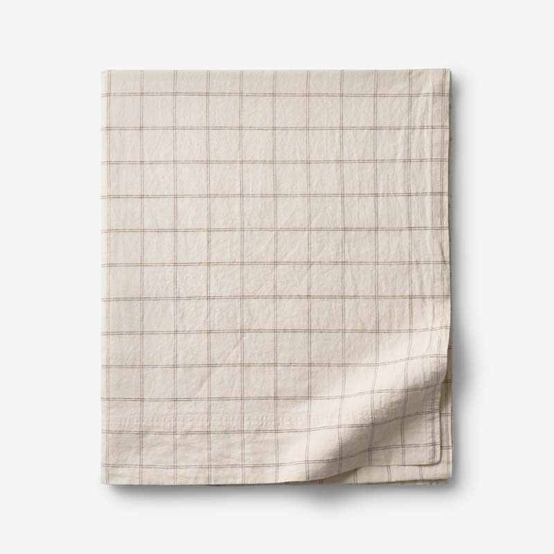 Tailored Stripes and Plaids Premium Breathable Washed Linen Cotton Flat Bed Sheet - Windowpane Dark Brown, King/Cal. King