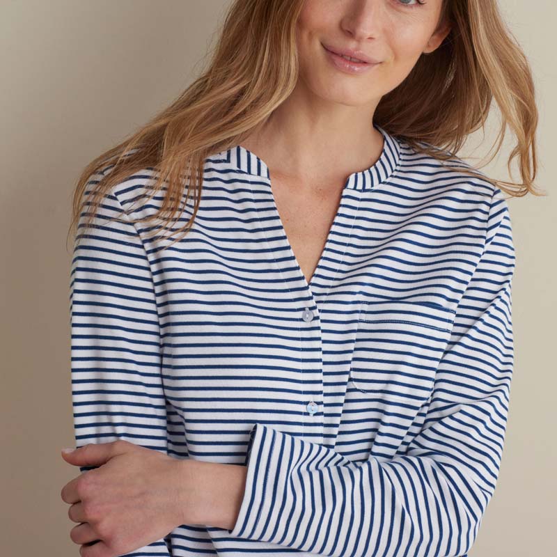 Yarn-Dyed Stripe Pima Cotton Women's Button-Down Pajama Set - Navy/White, M