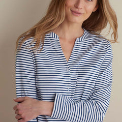 Yarn-Dyed Stripe Pima Cotton Women's Button-Down Pajama Set - Navy/White, L