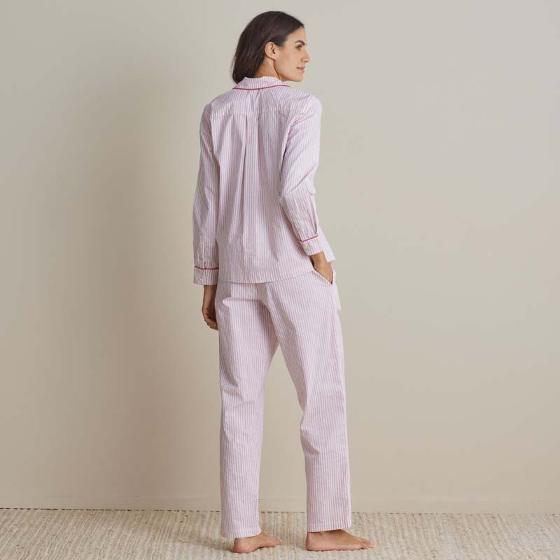 Printed Poplin Women's Button-Down Pajama Set - Blush Stripe, L