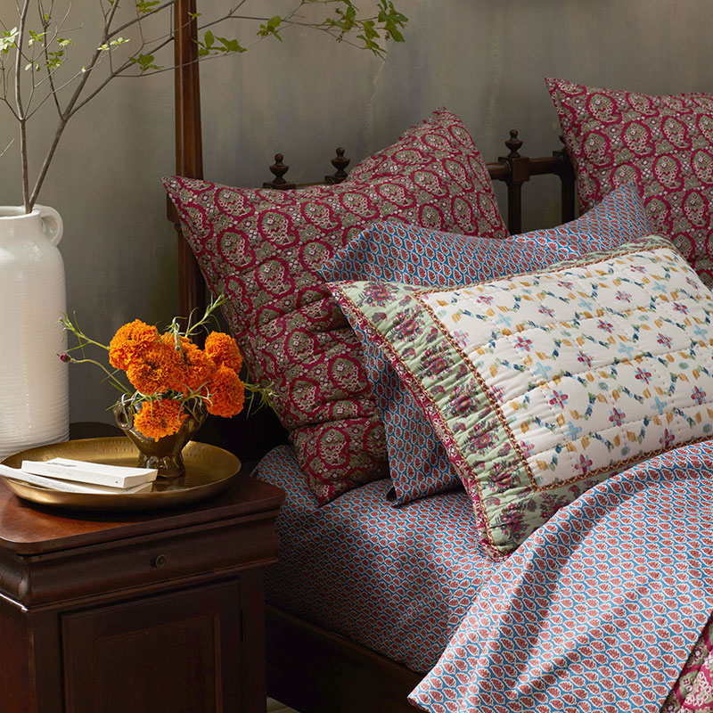 Butti Floral Premium Smooth Sateen Flat Bed Sheet - Red/Blue, King/Cal King