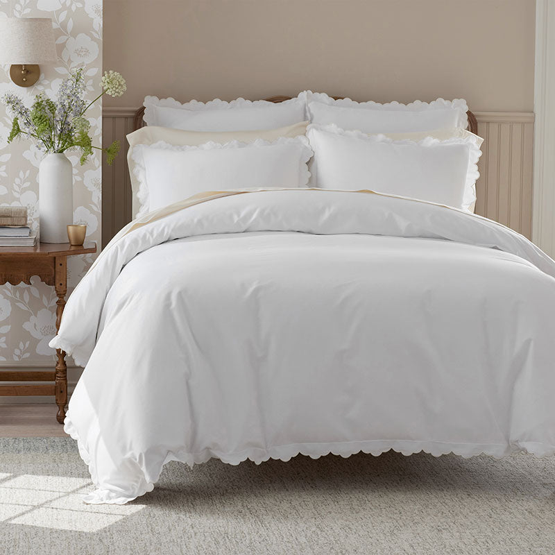 Embroidered Scallop Classic Smooth Sateen Solid Bed Sheet Set - Ivory, Twin XL