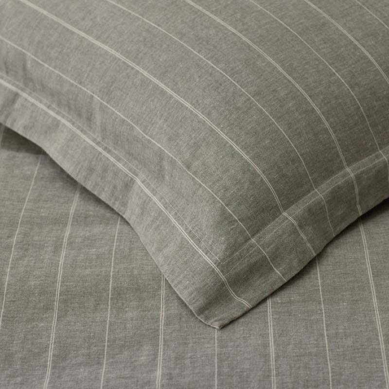 Tailored Stripes Premium Breathable Washed Linen Cotton Reversible Duvet Cover - Wide Stripe Dark Olive, King/Cal. King