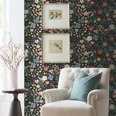 Strawberry Fields Traditional Wallpaper - Black, Roll