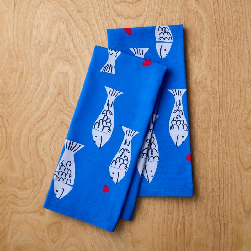 Seasonal Printed Tea Towels, Set of 2 - Fish Swim