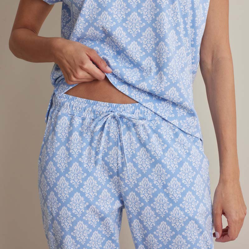 Printed Pima Cotton Women's Jogger Pants Pajama Set - Lisbon Blue, L