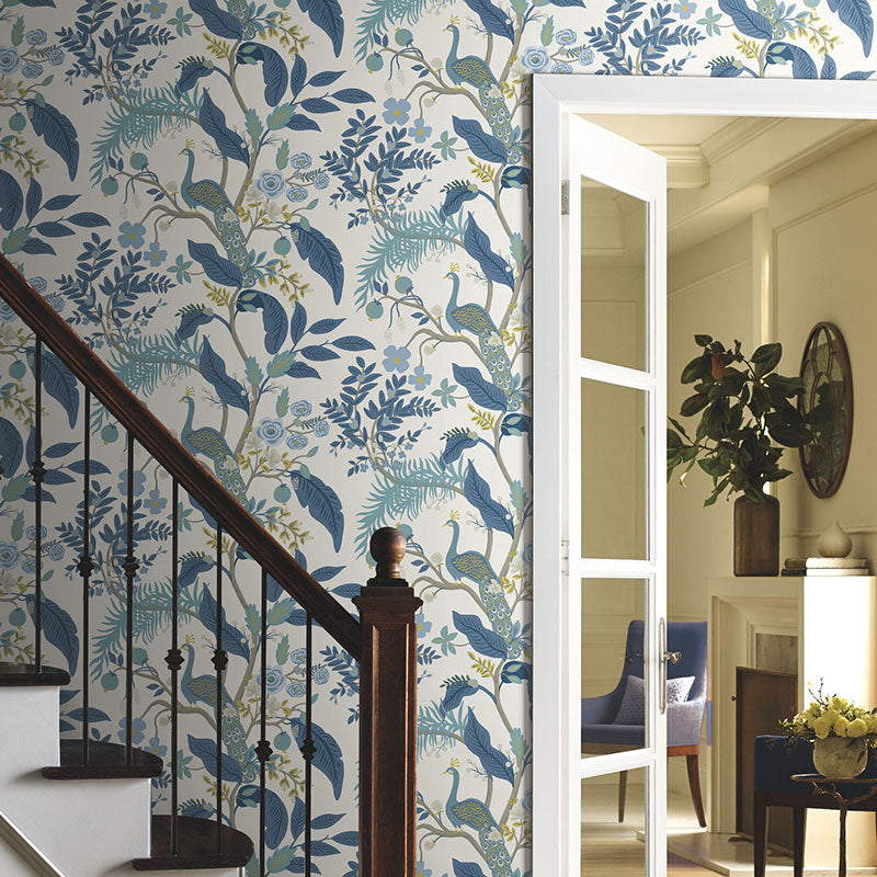 Peacock Traditional Wallpaper - Blue, Roll