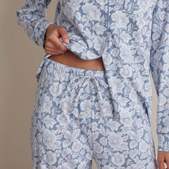 Printed Pima Cotton Women's Button-Down Pajama Set - Blue Garden, L