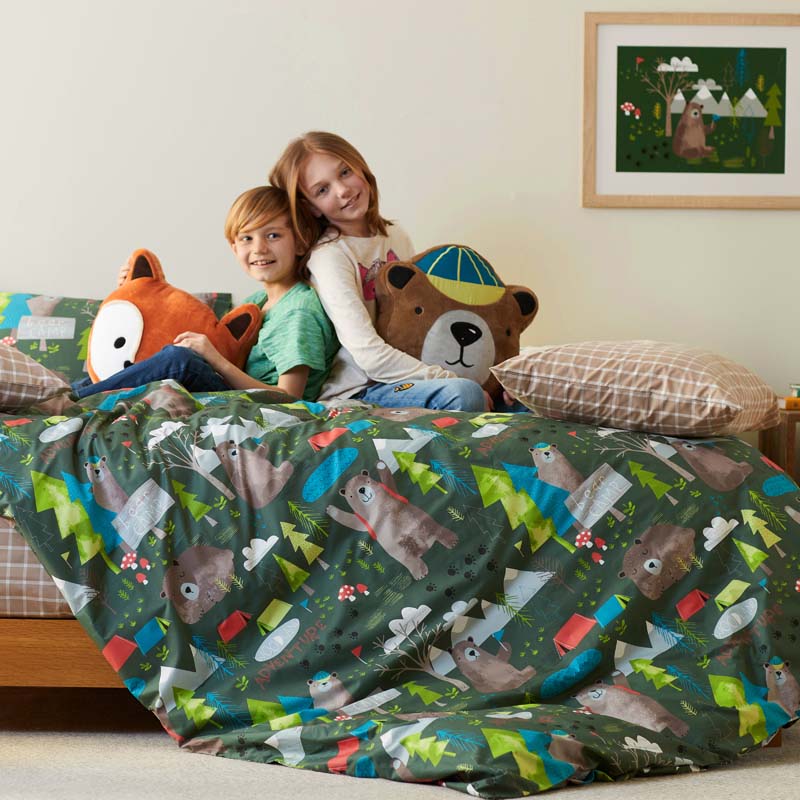 Bear Camp Classic Cool Organic Cotton Percale Duvet Cover Set - Green Multi, Full/Queen