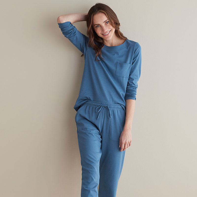 Pima Cotton Women's Jogger Pants Pajama Set - Blue Denim, L