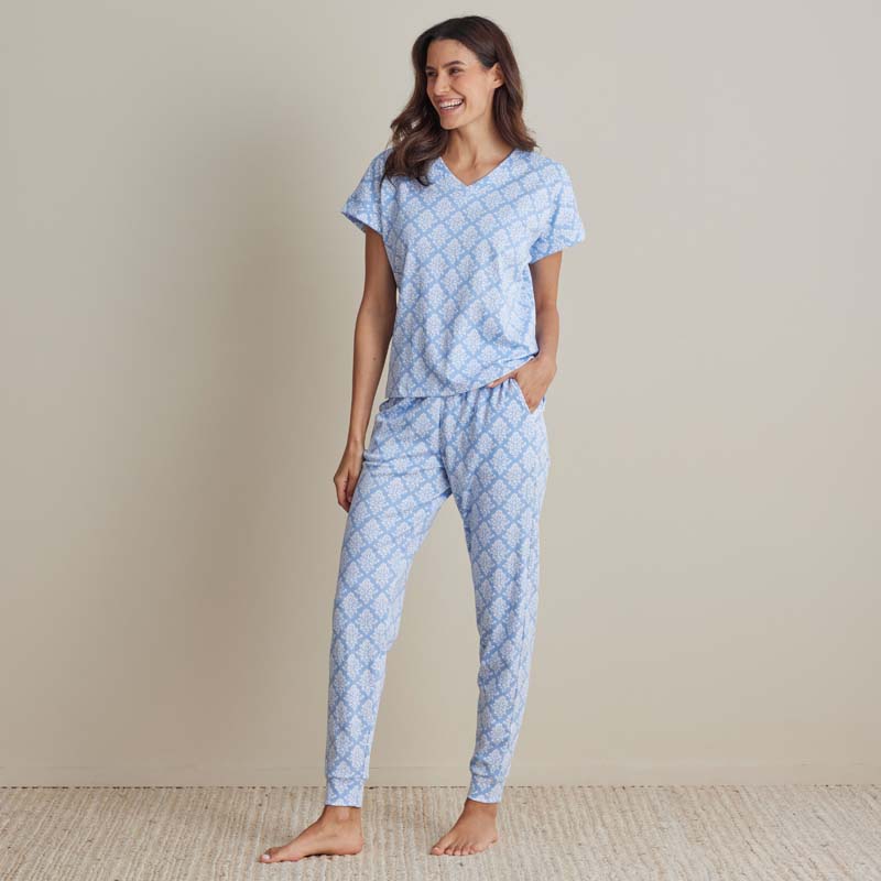 Printed Pima Cotton Women's Jogger Pants Pajama Set - Lisbon Blue, XL