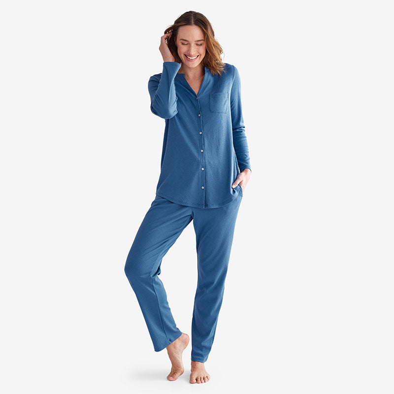 Pima Cotton Women's Button-Down Pajama Set - Blue Denim, L