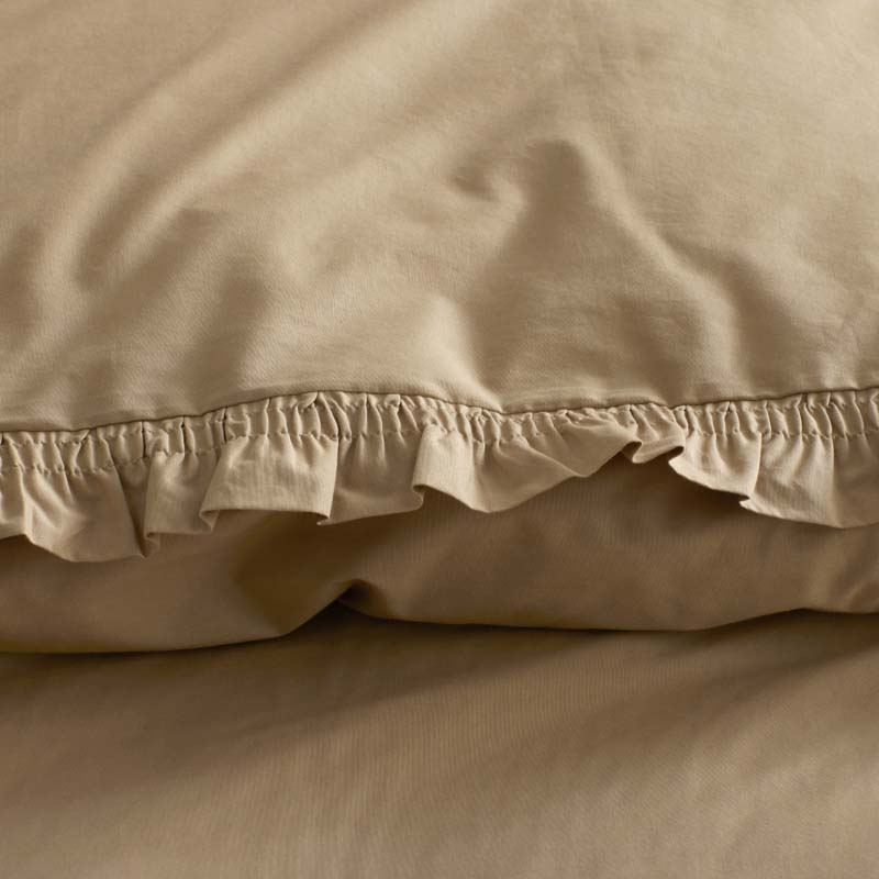 Solid Ruffle Garment Washed Cotton Percale Bed Sheet Set - Wheat, Full
