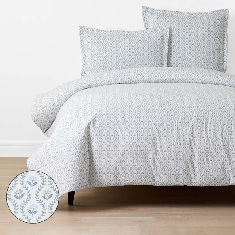 Tira Floral Classic Cool Cotton Percale Duvet Cover - Flower Green, Full/Queen
