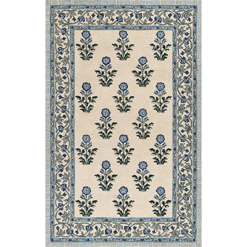 Floral Border Hand Tufted Wool Rug -  Blue, 2' x 3'