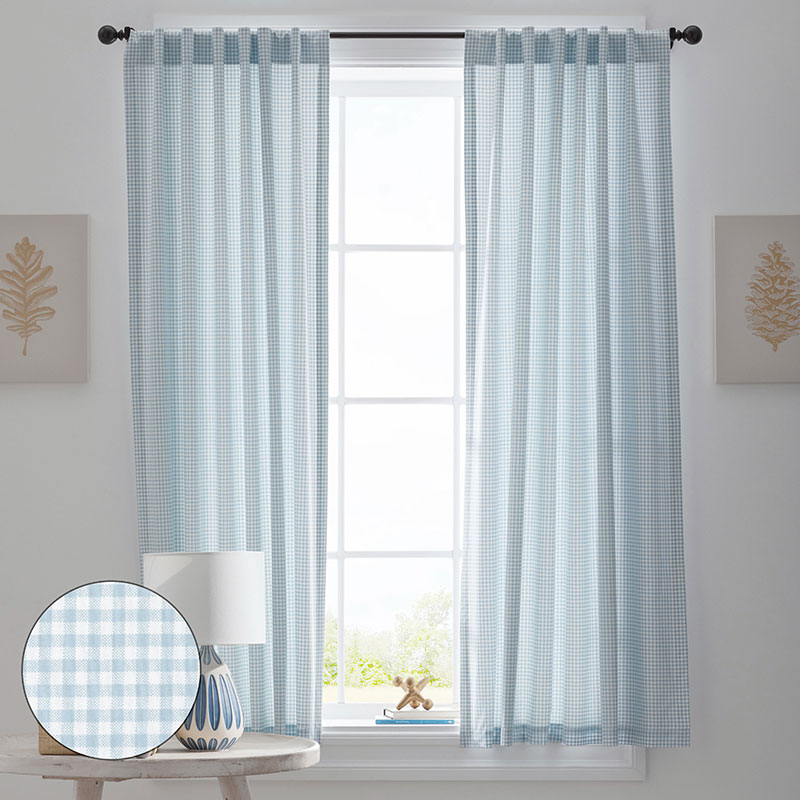Ditsy Gingham Classic Cool Organic Cotton Percale Window Curtain - Blue, 44" x 63"