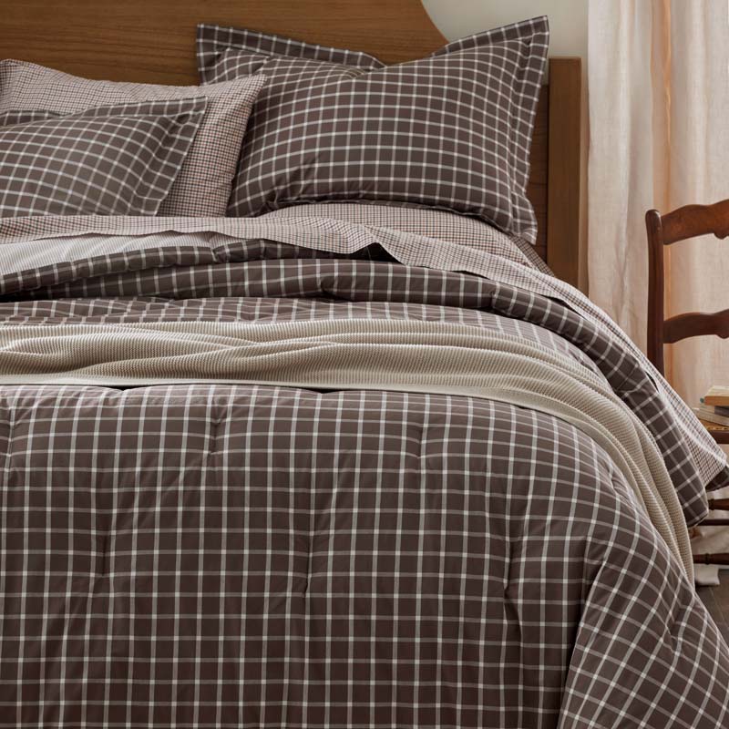Classic Stripes and Plaids Cool Yarn-Dyed Cotton Percale Reversible Comforter - Windowpane Brown, Full