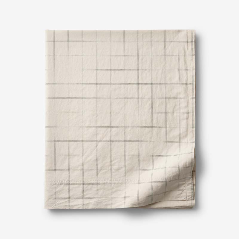 Tailored Stripes and Plaids Premium Breathable Washed Linen Cotton Flat Bed Sheet - Windowpane Dark Olive, Full