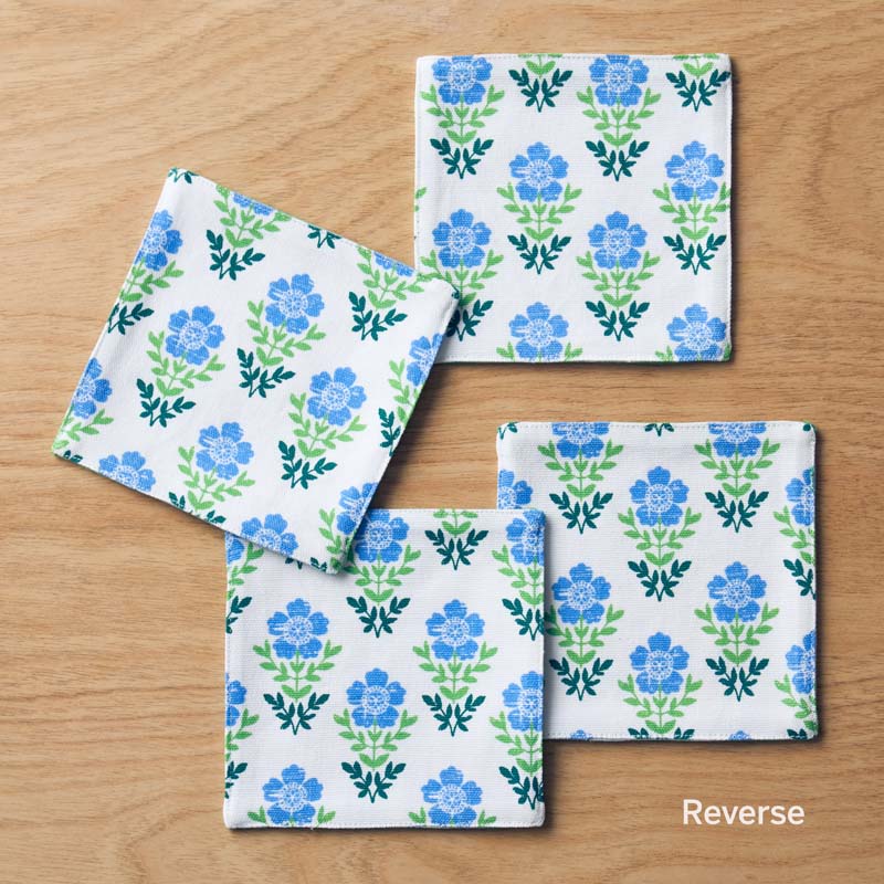 Floral Plaid Reversible Cocktail Napkins, Set of 4 - Blue