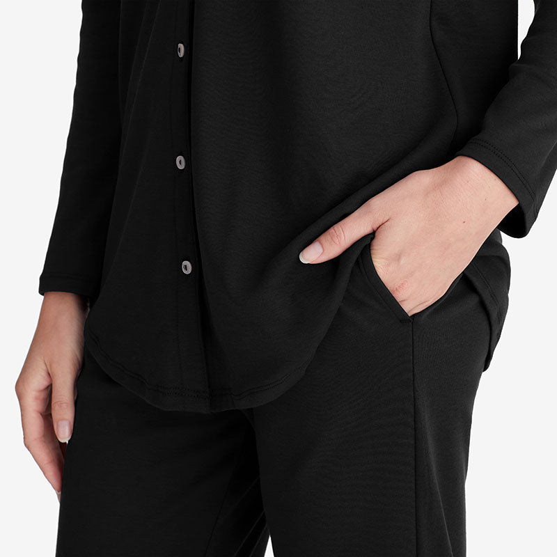 Pima Cotton Women's Button-Down Pajama Set - Black, M