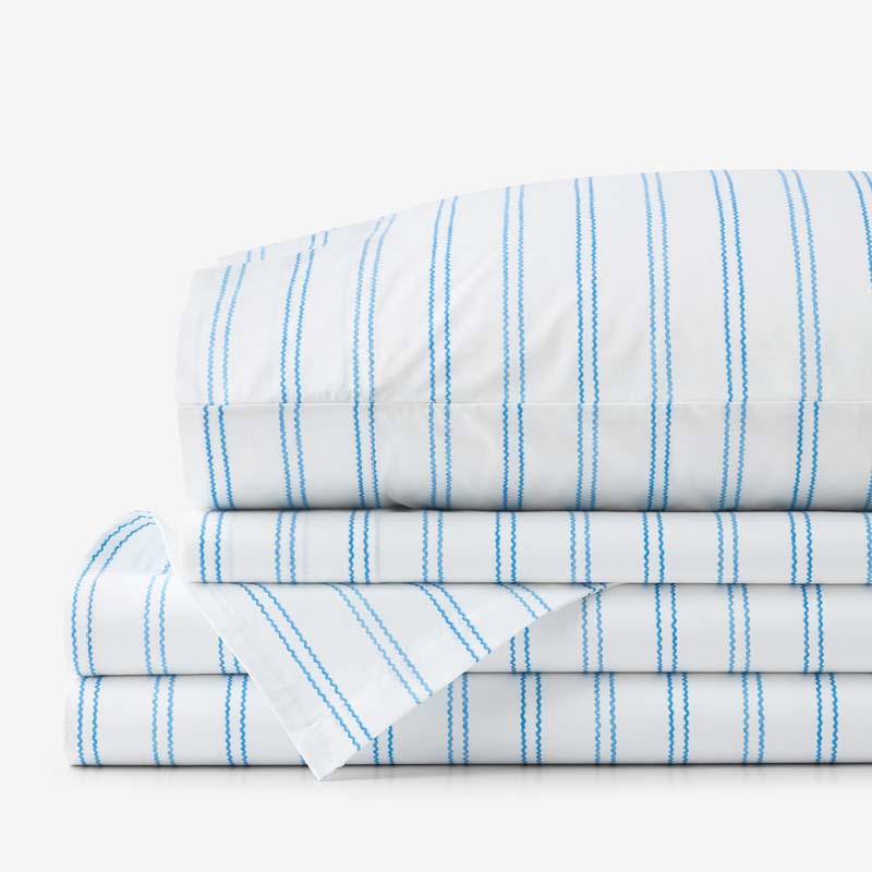 Blossoms and Stripes Classic Cool Cotton Percale Bed Sheet Set - Squiggle Stripe, Full