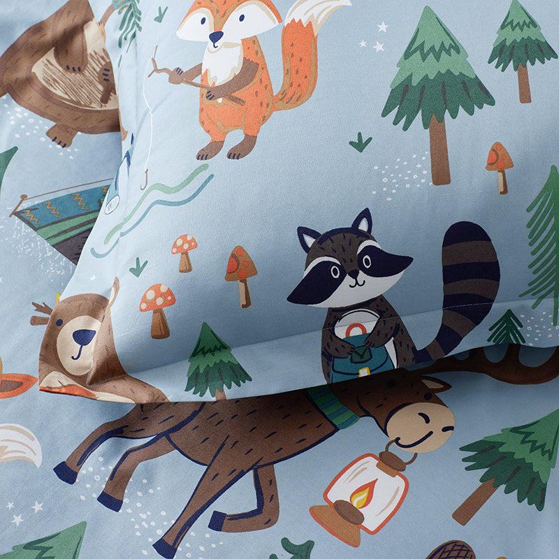 Animal Campers Classic Cool Organic Cotton Percale Bed Sheet Set - Blue Multi, Full