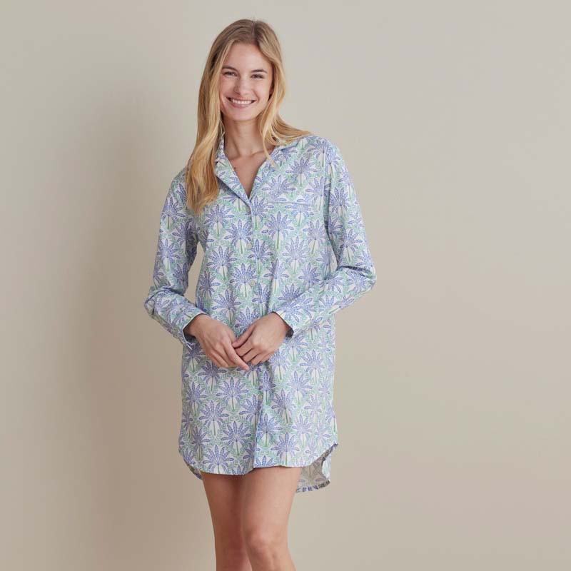 Printed Poplin Women's Nightshirt - Blue Palm, S