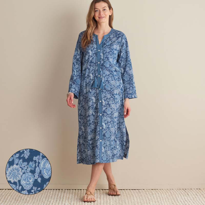 Printed Voile Women's Caftan - Indigo Floral, M