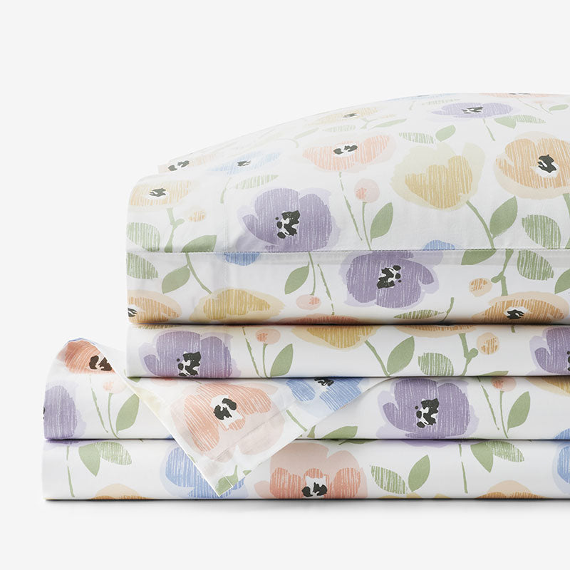 Pastel Poppies Classic Cool Organic Cotton Percale Bed Sheet Set - White Multi, Full