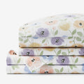 Pastel Poppies Classic Cool Organic Cotton Percale Bed Sheet Set - White Multi, Queen
