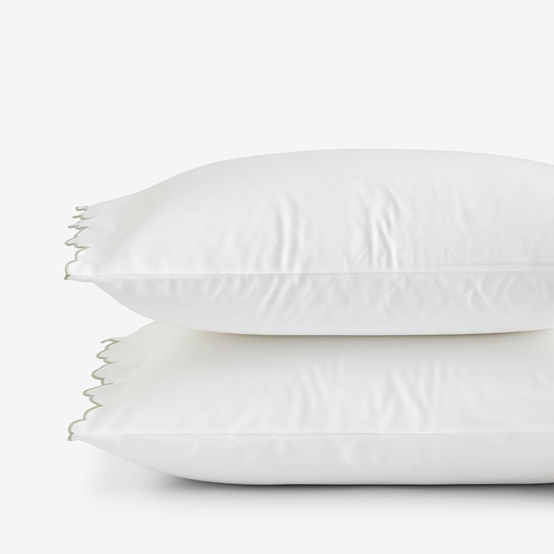 Embroidered Scallop Classic Smooth Sateen Solid Pillowcase Set - Light Sage, King